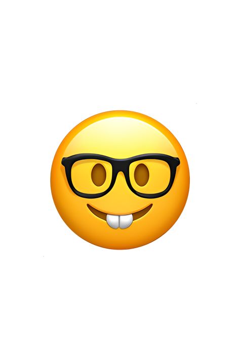 The 🤓 Nerd Face emoji depicts a yellow face with thick black-rimmed glasses, buck teeth, and a wide smile. The eyes are slightly crossed and the eyebrows are raised, giving the impression of excitement or enthusiasm. The hair is styled in a messy, unkempt fashion, adding to the nerdy appearance. Overall, the emoji conveys a sense of intelligence, studiousness, and perhaps a bit of social awkwardness. Nerd Emoji Drawing, Nerd Face Emoji, Ios Emoji Faces, Nerd Emoji With Finger Up, Apple Emojis Ios, Apple Emoji Png, Emoji With Glasses, Emoji Nerd, Iphone Emoji Png