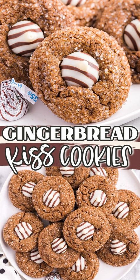 Mint Hershey Kiss Cookies, Christmas Cookies With Kisses On Top, Gingerbread Kiss Cookies, Christmas Ooey Gooey Butter Cookies, Traditional Christmas Treats, Gingerbread Crinkles, Heart Treats, Xmas Foods, Best Gingerbread Cookie Recipe