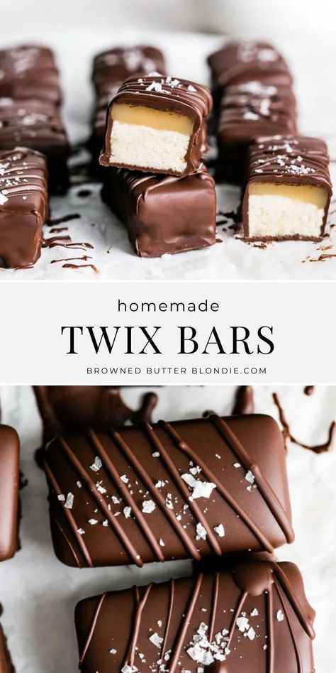 You haven’t lived until you’ve sunk your teeth into one of these dangerously delicious bite size Twix bars. Made with layers of crispy, buttery shortbread, creamy homemade caramel and rich, dark chocolate. Skip the store-bought stuff – these copycat Twix bars are simply irresistible! Twix Inspired Desserts, Home Made Twix Bars, Homemade Caramel Candy Recipes, Chocolate Candy Bar Recipes, Candy Bar Copycat, Twix Bar Recipe, Homemade Twix Bites, Copycat Candy Bar Recipes, Twix Bars Candy