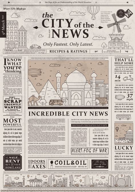 Design of old vintage newspaper template... | Free Vector #Freepik #freevector #vintage #design #template #newspaper Old Vintage Newspaper, Vintage Newspaper Template, Design Front Page, Design Newspaper, Newspaper Design Layout, Reka Bentuk Grafik, Sejarah Kuno, Desain Buklet, Newspaper Template