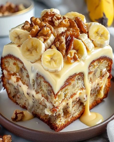 Optimal Recipes, Banana Nut Cake, Banana Walnut Cake, Cake Loaf, Cream Pies, Banana Walnut, Cream Cheese Frosting Recipe, Baked Treats, Pecan Cake