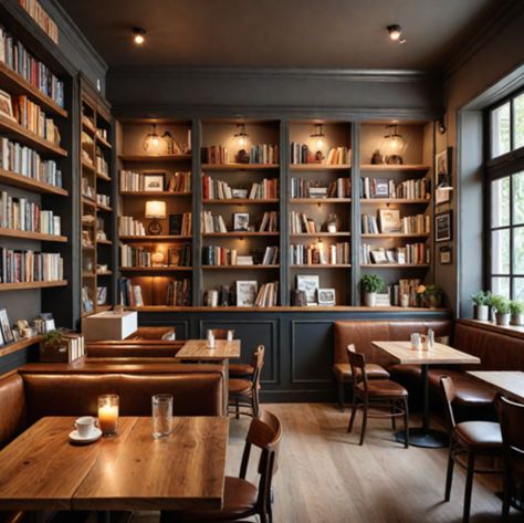 Coffee Shop Library Aesthetic, Cozy Bookstore Aesthetic Coffee Shop, Coffee Library Aesthetic, Small Bookstore Cafe Aesthetic, Library And Coffee Shop, Coffee And Book Shop Aesthetic, Cozy Book Store Aesthetic, Modern Bookstore Aesthetic, Cozy Bookstore Interior