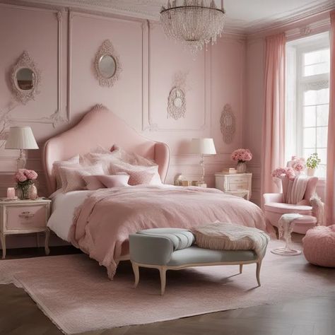 Light Pink White And Gold Bedroom, Pink Bedroom Chair, Pink Bedrooms For Women, White Bedroom With Pink Accents, Pink Chic Bedroom, Pink White Gold Bedroom, Pink Headboard Bedroom Ideas, Pink White And Gold Bedroom, Light Pink Bedroom Aesthetic