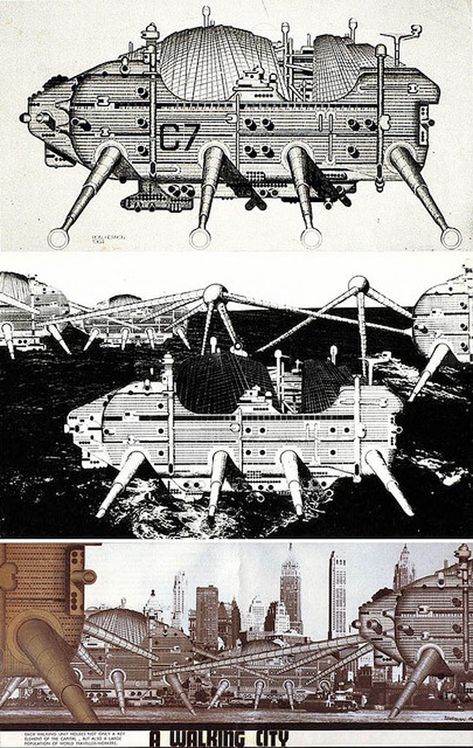 archigram-walking-city Walking City Concept, Utopian City Concept Art, Archigram Drawings, Archigram Architecture, Moving Architecture, Moving City, City Concept, Moving Cities, Walking City