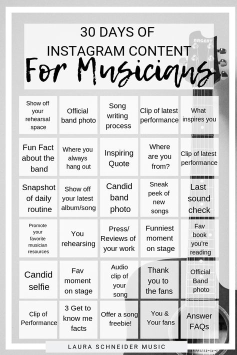 30 Days of Instagram Content for Musicians! Always know what to post on social media with this grid template. Specially made with musicians in mind.  Music // Musicians // Instagram // Indie Musicians // DIY Music // Music Marketing Content Calendar For Musicians, Band Promotion Ideas, Content Ideas For Music Artists, Music Marketing Ideas, Content Ideas For Musicians, Social Media For Musicians, Musician Social Media Content, Musician Social Media, Music Template Instagram