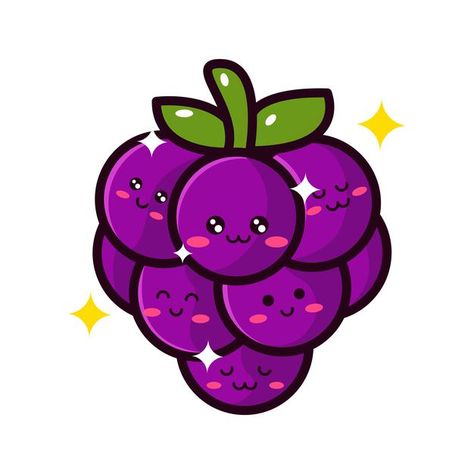 Cute Grape Drawing, Grape Cartoon, Cute Fruit Cartoon, Fruit Cartoon Illustrations, Fruits Cartoon, Grape Vector, Grape Drawing, Cherry Drawing, Fruit Doodle