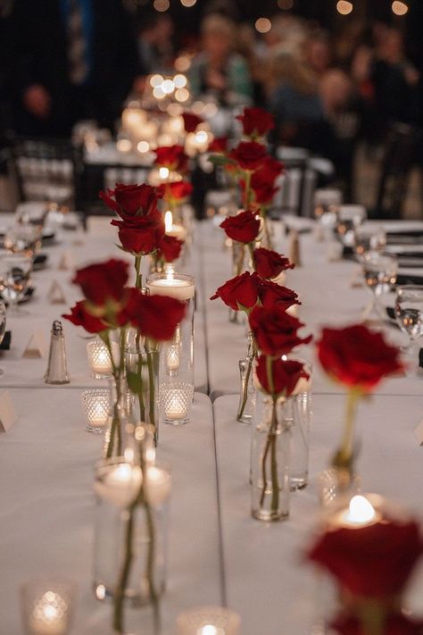 Cream And Red Wedding Decor, Red Themed Centerpieces, Low Floral Centerpieces With Candles, Simple Rose Wedding Centerpieces, Long Stem Rose Centerpiece Wedding, Wedding Flower Arrangements Roses, Black And Red And White Wedding, Red Roses Aesthetic Wedding, Red Wedding Theme Outdoor