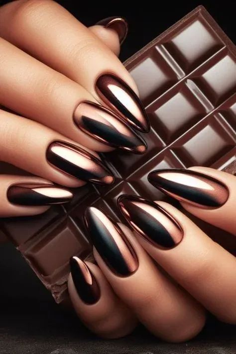 chocolate brown metallic The simplicity of this style allows the metallic finish to take center stage, making a subtle yet stylish statement Chrome Nails Ideas, Mystical Nails, Metallic Nail Colors, Black Chrome Nails, Nails Bride, Metal Nails, White Chrome Nails, Emerald Nails, New Nail Trends