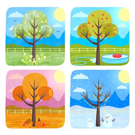 4 Season Drawing Ideas, 4 Seasons Watercolor Painting, 4 Seasons Landscape, 4 Seasons Illustration, Summer Season Pictures, 4 Seasons Drawing, Four Seasons Drawing, 4 Seasons Art, Seasons Drawing