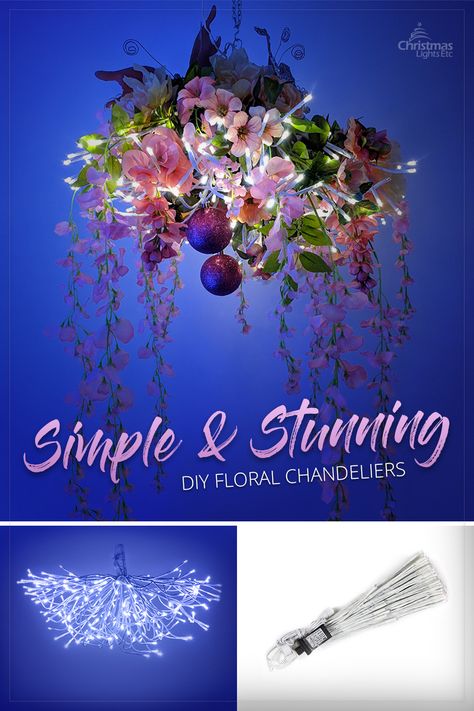 When you see this finished DIY chandelier bursting with spring flowers it’s hard to believe it started so small! This decorating project is incredibly easy, budget friendly, and  absolutely stunning day or night. Just bend the lighted branches into the shape of a chandelier and then add silk floral stems! You could add a DIY chandelier to your home decor for a pop of color and texture in any room, or hang it out on your patio, porch, or deck for a touch of glamour while dining al fresco. Unique Diy Chandeliers, Plastic Chandelier Diy, Creative Chandelier Ideas, Diy Chihuly Chandelier, Lighting Ideas For Dining Room, Floral Chandelier With Lights, How To Make Your Own Chandelier, Diy Garden Chandelier, Cute Ceiling Decor