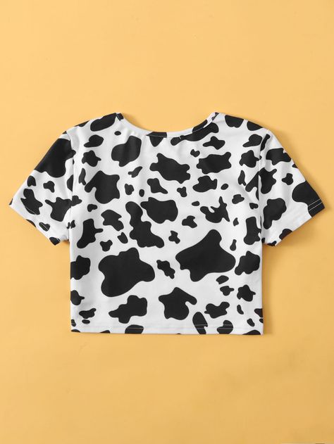 SHEIN Girls Cow Print Crop Tee | SHEIN USA T Shirt Crop Top, Round Neck Tees, Women T Shirts, Print Crop Tops, Really Cute Outfits, Casual Girl, White Casual, Cow Print, Cami Tops