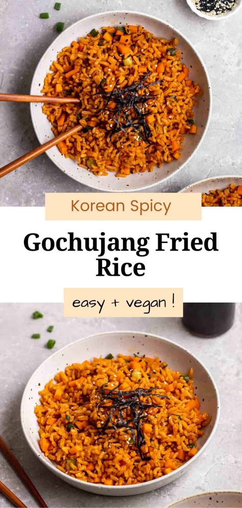 Featuring fluffy rice and veggies tossed in a spicy, savory sauce, this Gochujang fried rice is a crowd-pleaser! This delicious recipe is simple, easy, and ready in 15 minutes. A great way to use up leftover rice! Vegan Gochujang, Gochujang Recipe, Leftover Rice Recipes, Spicy Vegetarian Recipes, Korean Vegan, Rice And Veggies, Asian Noodle Dishes, Plant Based Recipes Dinner, Fluffy Rice