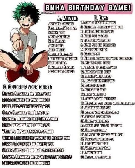 Birthday Scenario Game, Scenario Game, Birthday Scenario, Anime Birthday, Bahasa Jepun, Anime Zodiac, Funny Names, Mia 3, My Hero Academia Memes