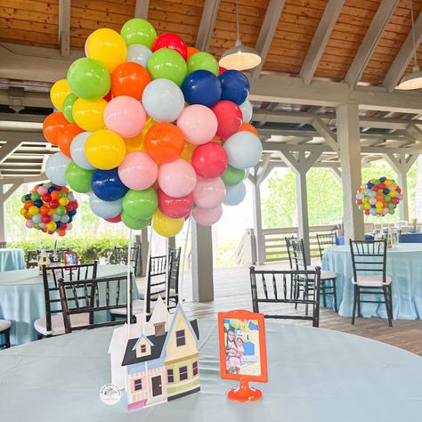 Disney Up Centerpieces Diy, Up Themed Party Decor, Movie Up Gender Reveal Theme, Up Movie Balloon Decorations, Pixar Up Party Decorations, Up Theme Table Decorations, Disney 1st Birthday Boy Theme, Up 1st Birthday Party Theme Disney, All Disney Characters Birthday Party