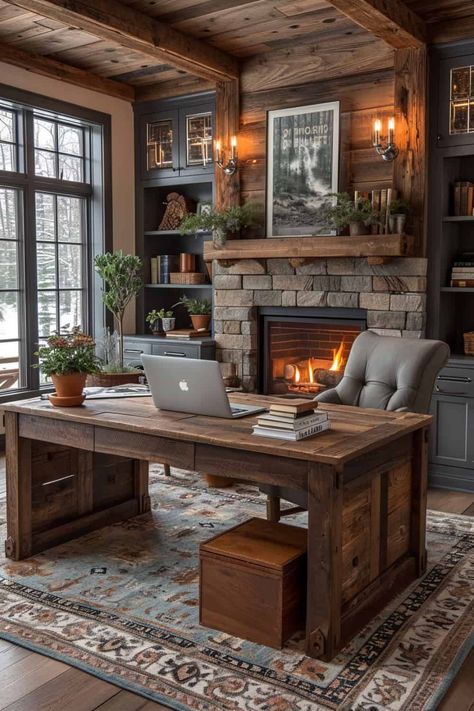 17 Chic Office Decor Ideas That Will Make You Love Working From Home Home Decor Office Ideas, Office With A Fireplace, Fireplace Office Ideas, Country Style Office Ideas, Home Office With Fireplace Ideas, Cozy House Office, Woodsy Office Ideas, Office With Fireplace Ideas, Work Room Ideas Home