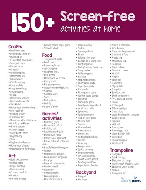 150+ screen-free activities for kids at home | My Silly Squirts Free Activities For Preschoolers, What To Do In Free Time At Home, Family Fun Night Ideas At Home, At Home Family Activities, Kids Indoor Activities, Quality Time With Kids, Activities For Kids At Home, Family Night Activities, Activities To Do With Kids