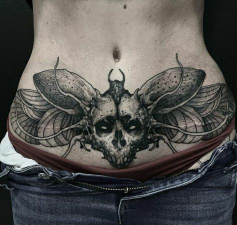 Trad Stomach Tattoo, Lower Belly Tattoos For Women Cover Up, Gothic Collar Bone Tattoo, Pubic Bone Tattoo Women Tat, Tummy Tattoos For Women Lower Stomach, Under Belly Tattoo, Moth Stomach Tattoo, Stomach Tattoos Women Plus Size, Low Belly Tattoo