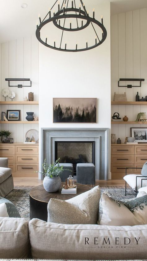 Built In Around Fireplace, Built In Shelves Living Room, Living Room Built Ins, Side Shelves, Fireplace Built Ins, Dry Creek, Fireplace Ideas, Home Fireplace, Built In Cabinets