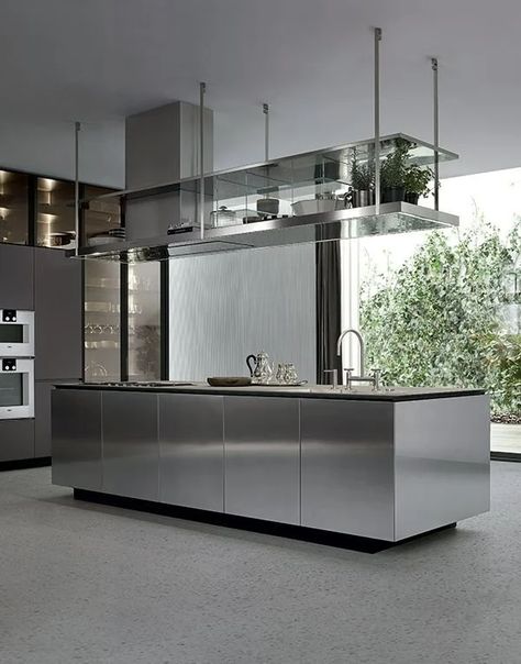 Kitchen Design Modern Contemporary, Kitchen Interior Modern, Stainless Steel Kitchen Island, Metal Kitchen Cabinets, Stainless Kitchen, Kitchen Interior Design Modern, Contemporary Kitchen Design, Kitchen Island Design, Metal Kitchen