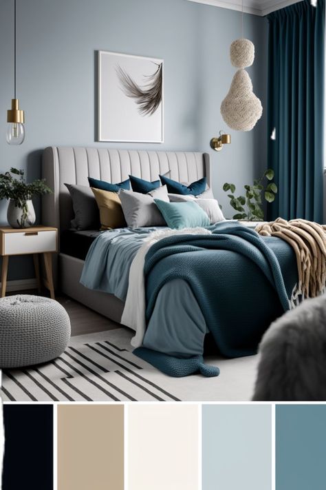 Light Blue Color Palette Bedroom, Spare Room Colour Scheme, Calm Bedroom Colors Cozy Colour Schemes, Pale Blue Bedroom Ideas, Light Blue Bedroom Aesthetic, Muted Blue Color Palette, Pale Blue Bedroom, Light Blue Color Scheme, Decor Inspiration Bedroom