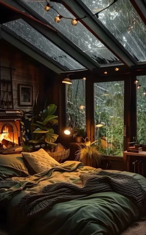 Bedroom With Glass Ceiling, Dark Bedroom Ideas Cozy Boho, Cozy Bedroom Rain, Cozy Forest House, Diy Fall Wreaths, Rain Room, Romantic Forest, Cozy Forest, Cabin Modern