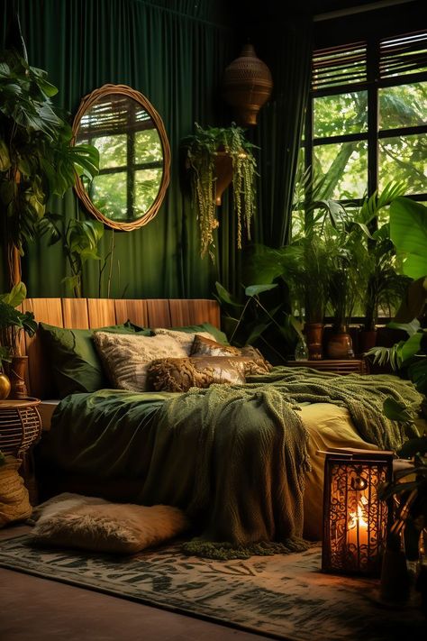 Compact Dark Boho Bedroom with a Jungle Green & Earth Brown Color Scheme, featuring Tropical Plants, Bamboo Furniture, and Jungle Murals, creating a vibrant and natural atmosphere. Rustic Cottage Bedroom Ideas, Green Bed Frame Bedroom Ideas, Forest Bedroom Ideas, Earthy Room, Pretty Bed, Dark Boho Bedroom, Dark Green Rooms, Forest Bedroom, Jungle Bedroom