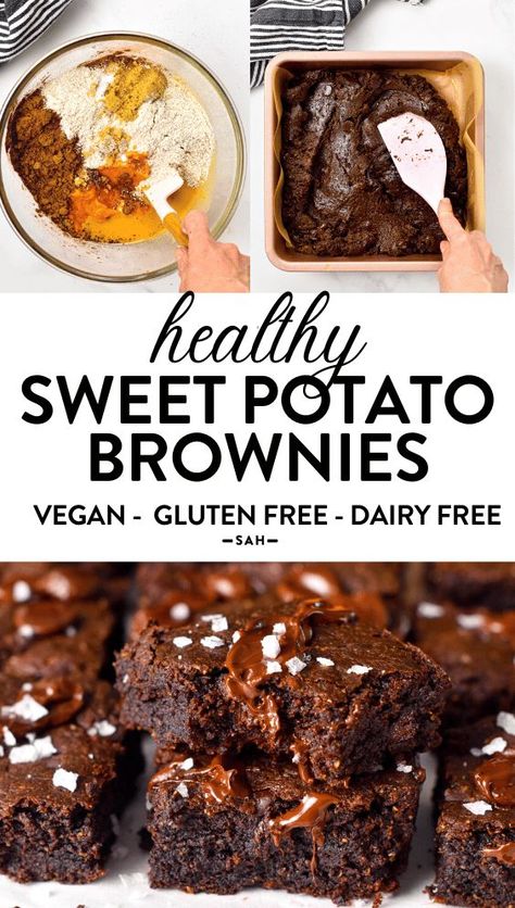 This Fudgy Sweet Potato Brownies are healthy fudgy brownies made with homemade sweet potato puree, no eggs and refined sugar free. They are perfect healthy brownies to share with friends and family as they fit most food allergies. Vegan Sweet Potato Brownies, Glutenfri Baking, Potato Brownies, Patisserie Vegan, Sweet Potato Brownies, Healthy Brownies, Stuffed Sweet Potato Healthy, Potato Puree, Vegan Sweet Potato