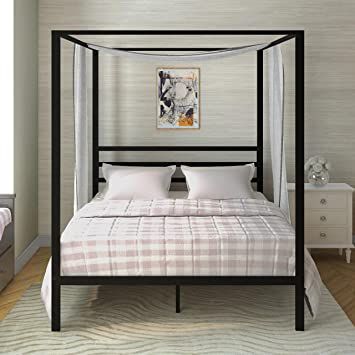 AMBEE21 Canopy Full Metal Bed Frame with Headboard – Platform Wrought Iron Heavy Duty Solid Sturdy Metal Slat Black No Box Spring Needed/ Under Bed Storage Integrated Headboard, Full Metal Bed Frame, Queen Metal Bed, Canopy Bed Frame, Canopy Frame, Bed Frame With Headboard, Canopy Design, Queen Size Bed Frames, Twin Bed Frame