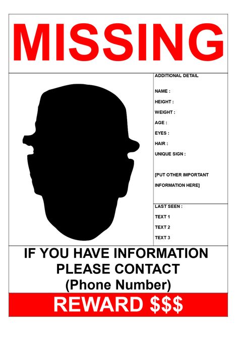 Missing Person Template with Reward A3 Size - Download this Missing Person poster A3 template if you are looking for a missing person and need help from other people in your search to find him/her. Missing Paper Poster, Missing Persons Poster, Missing Person Poster Template, Missing Illustration, Missing Poster Template, Missing Person Poster, Person Template, Missing Poster, Office Halloween