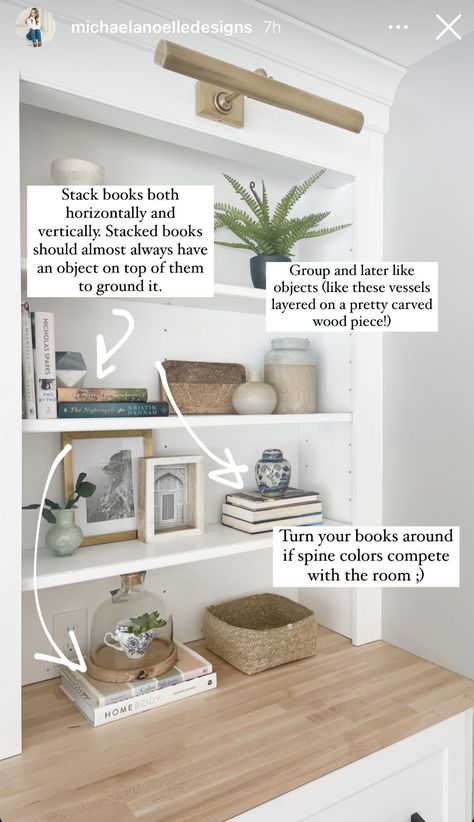 How To Style Books On Shelves, White Book Shelves Living Room, Decorate A Bookcase In Living Room, Living Room Bookshelf Decor Ideas, What To Put On Bookshelves, Rustic Shelf Styling, Top Shelf Decor Living Room, Paint Behind Shelves, Home Decor Bookshelves