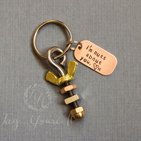 Mens Keyring- Nuts about you Keychain for Him- Manly Man, Nuts, Bolts, Tools, Unique Husband Gift Unique Husband Gifts, Keychain For Him, Diy Keyring, Surprise Gifts For Him, Thoughtful Gifts For Him, Romantic Gifts For Him, Unique Gifts For Dad, Diy Gifts For Mom, Initial Keychain