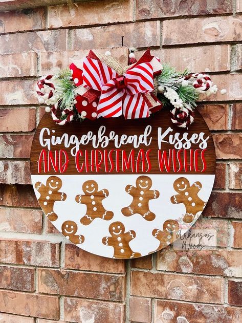 Red Christmas Signs Wood, Christmas Wooden Wreaths Diy, Wooden Wreaths For Front Door Christmas, Gingerbread Wood Signs, Gingerbread Door Sign, Peppermint Door Hanger, Christmas Wooden Door Sign, Ho Ho Ho Door Hanger, Circle Christmas Door Hangers