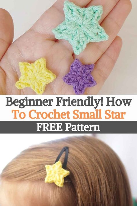 In this opportunity we will learn how to make these small star appliques that can be used in almost any project. They would be perfect in a baby blanket, in a sweater or in a nice hat for the cold. We would love to make a blanket that has three of these pretty stars on the corners of its edges, with a cord, as if it were a garland, it's just an idea, it all depends on your taste and creativity. What we are sure of is that it is a very simple project, perfect for beginners. Mini Crochet Star Pattern, Crochet Small Star, Crochet Mini Star, Pretty Stars, Crochet Star Patterns, Make A Blanket, Mini Stars, Crochet Applique Patterns Free, Crochet Appliques