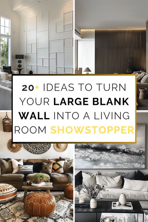 20+ Ideas to Turn Your Large Blank Wall into a Living Room Showstopper - HearthandPetals Large Plain Wall Ideas Living Room, Cluster Wall Decor Living Room, Feature Living Room Wall Ideas, Family Room Large Wall Decor, Living Room Decor Blank Wall, Decor Ideas For Living Room Walls, Ideas For Big Blank Walls, Ideas To Decorate A Large Wall, Living Room With Diagonal Wall