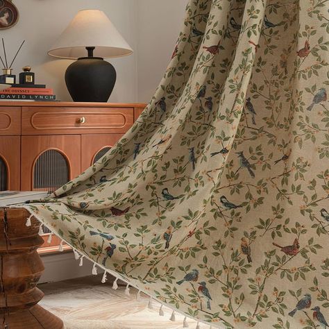 1940s Window Treatments, Colorful Window Curtains, Vintage Nursery Curtains, Green Print Curtains, Vintage Curtain Ideas, Toile Curtains Bedroom, Cottage Core Curtain Ideas, Green Wall Curtains, Cottage Core Window Treatments