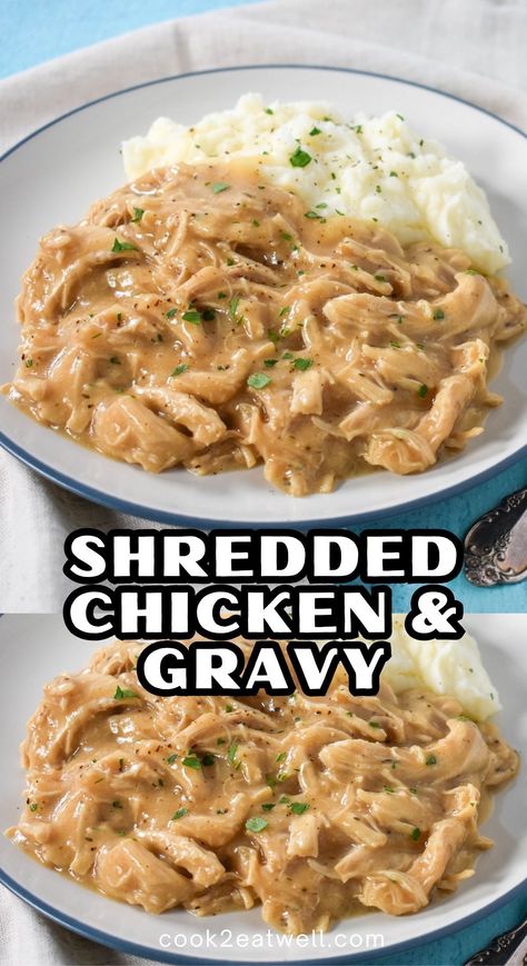 Indulge in comfort food with this shredded chicken and gravy dinner. Tender chicken in a rich gravy, perfect for cozy evenings. Get the recipe now or Pin it for later. Shredded Chicken And Gravy, Shredded Chicken Recipes Easy, Chicken With Gravy, Chicken Gravy Recipe, Chicken And Gravy, Mini Meals, Easy Shredded Chicken, Shredded Chicken Recipes, Homemade Gravy