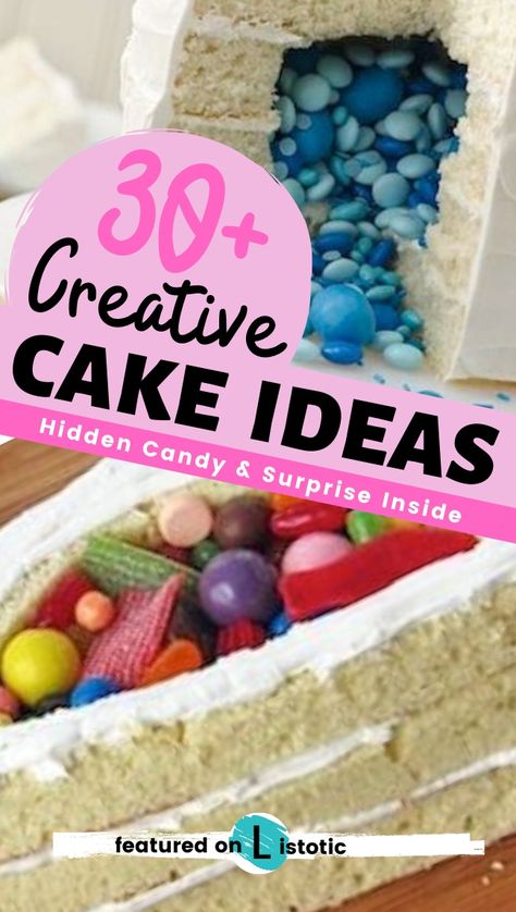 There is more then one way to bake a cake and filling the insides with fun candies and colorful confections is probably my favorite! Listotic has found 30+ surprise inside cake ideas for you to try out. Get inspired to create your own hidden treasure or hidden candy cake. Perfect cake idea for a gender reveal party, birthday party, retirement party or surprise party. Everyone loves a surprise specially when it comes to cake! #suprisecake #hiddencandycake #cakedesign #cakeideas #listotic #cake Inside Cake Ideas, Candy Filled Cake, Retirement Party Cakes, Surprise Inside Cake, Leopard Print Cake, Inside Cake, Bake A Cake, Yummy Healthy Breakfast, Surprise Cake