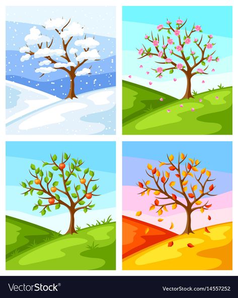 Seasons Illustration, Four Seasons Painting, Four Seasons Art, Seasons Preschool, خريطة ذهنية, Spring Tree, Seasons Art, Hur Man Målar, Tree Illustration