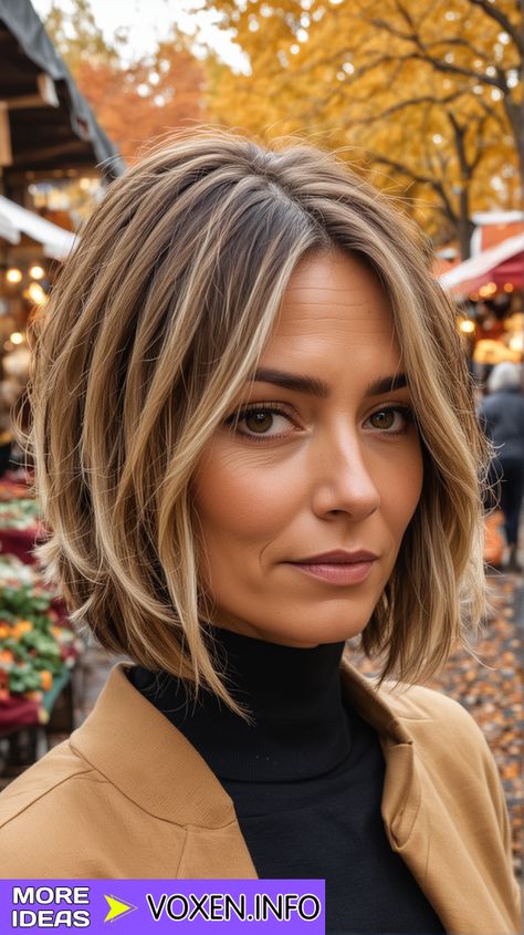 23 Top Fall Hairstyles for Short Hair 2024: Trendy Cuts for a Fresh Look - voxen.info Short Bob Colour Ideas, Fall Blonde Color Ideas, Fall Hair Styles Short, 2024 Trendy Hairstyles, Blond Highlights On Short Hair, Brown And Blonde Highlights Short Hair, Fall Highlights For Brown Hair Short, Fall Hair Short Bob, Short Balayage Bob