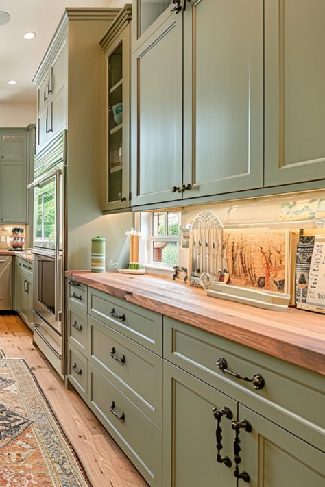 Discover 30 captivating ideas for sage green kitchen cabinets that embody the essence of a modern farmhouse. These cabinets strike a harmonious balance between contemporary allure and rustic charm, infusing your kitchen with a soothing and refined ambiance. Whether you're drawn to a cozy farmhouse atmosphere or a sleek modern design, these inspirational cabinet ideas will ignite your creativity for your next kitchen renovation. Sage Green Cabinets Wood Counter, Sage Kitchen White Cabinets, Sage Green Kitchen Wood Counter, Sage Green Kitchen Cabinets Terracotta Floor, Sage Green Pantry Shelves, Craftsman Kitchen Painted Cabinets, Colonial Style Kitchen Cabinets, Colored Stained Cabinets, Kitchen Green Cabinets Modern