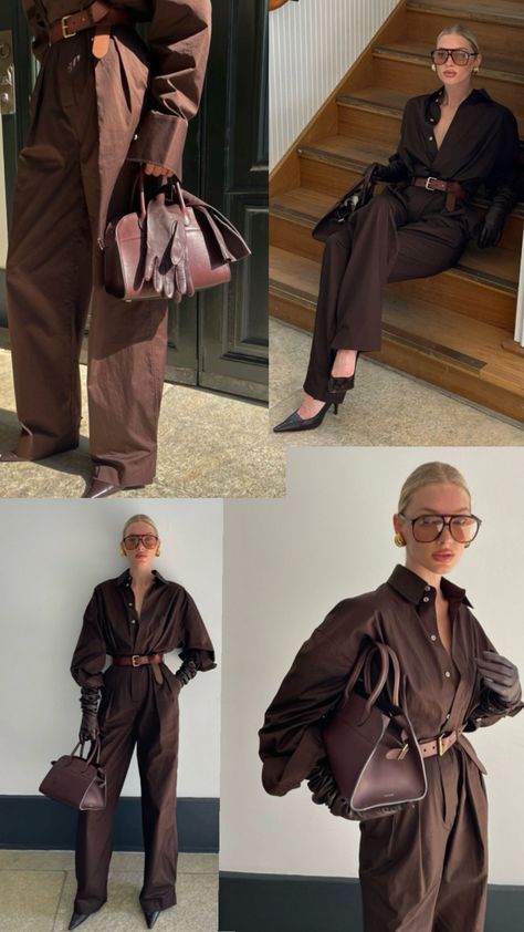 Brown look, beautiful girl, trendy brown color, stylish bag. Chocolate Brown Bag Outfit, Brown Silk Shirt Outfit, The Row Bag Outfit, Brown Classy Outfit, Light Brown Outfit, Brown Blouse Outfit, Red And Brown Outfit, Brown Shirt Outfit, Brown Monochrome Outfit