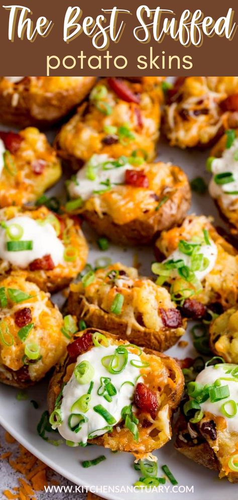 Creamy cheesy fluffy potatoes with crispy bacon - all baked in a crunchy potato skin. These stuffed potato skins are so easy to make for a weekday dinner. #potatoskins #stuffedpotatoes #loadedpotatoes #stuffedpotatoskins #gamedayfood #fingerfood Loaded Potato Skins Recipe Easy, Oven Baked Potato Skins, Twice Baked Potatoe Skins, Quick Potato Skins, Potatoe Skins Airfryer, Stuffed Patotoes, Crispy Baked Potato Skins, Mini Potatoe Skins, Potato Sliders Baked