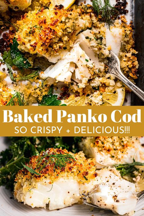 This Baked Panko Cod recipe coats tender and juicy cod filets in a crispy panko coating before they’re baked to golden perfection. An easy, healthy, and flavor-packed 30-minute dinner! Air fryer instructions included. Panko Baked Cod, Alaskan Pollock Recipes Baked, Pacific Cod Recipes, Healthy Cod Fish Recipes, Baked Cod Recipes Oven, Cod Filet Recipes, Panko Cod, Stuffed Cod, Cod Loin Recipes