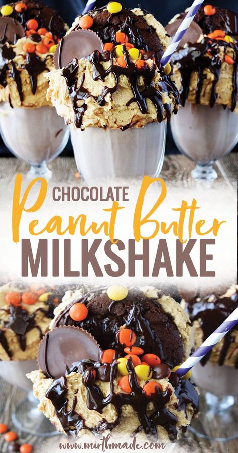 Ultimate Chocolate Peanut Butter Milkshake - Reeses Peanut Butter Cups, peanut butter chocolate ice cream, Reeses Pieces and chocolate peanut butter cookies come together in this delicious peanut butter chocolate milkshake Peanut Butter Milkshake, Milkshake Recipe Easy, Chocolate Peanut Butter Cookies, Peanut Butter Desserts, Delicious Drink Recipes, Chocolate Milkshake, Milkshake Recipes, Reeses Peanut Butter Cups, Reeses Peanut Butter