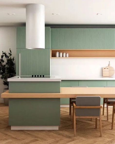 Bungalow Ideas, Large Kitchen Island, Green Cabinets, Small Space Kitchen, Grey Kitchens, Kitchen Room Design, Kitchen Inspiration Design, Minimalist Kitchen, 인테리어 디자인