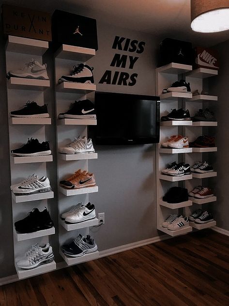 Bedroom With Shoe Wall, Black And White Hypebeast Room, Nike Inspired Room, Room Ideas Shoes On Wall, Shoe Display Ideas Bedroom Aesthetic, Sneakerhead Bedroom Ideas, Nike Room Aesthetic, Sneaker Head Living Room, Shoe Room Ideas Bedrooms