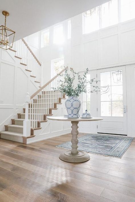 White Oak Engineered Hardwood Floors, Restoring Hardwood Floors, Foyer Floors, Hardwood Entryway, Decorators White, Engineered Floors, Foyer Flooring, Oak Engineered Hardwood, Hardwood Stairs