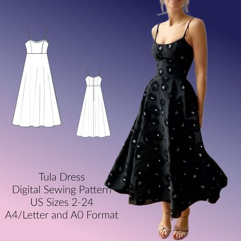 Tula Sundress - Spaghetti Straps - Digital Sewing Pattern - US Sizes 2-24 - A4/Letter & A0 Format Dress Top Sewing Pattern, Simple Dresses To Make, Sew Wedding Guest Dress, Tea Length Dress Pattern, Strappy Dress Pattern, Women’s Dress Sewing Patterns, Whimsical Sewing Patterns, Witchy Dress Pattern, Edgy Sewing Patterns