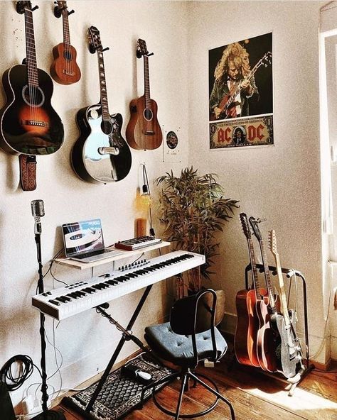 Home Music Studio Bedroom, Bedroom With Musical Instruments, Home Music Corner, Music Space In Bedroom, Music Studio In Living Room, Small Music Area In Living Room, Drumset In Living Room, Keyboard Living Room Decor, Musician Studio Apartment