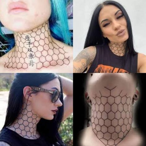 Beehive Neck Tattoo, Honeycomb Neck Tattoos Women, Honeycomb Throat Tattoo, Honeycomb Tattoo Neck, Hexagon Neck Tattoo, Honey Comb Neck Tattoos, Honeycomb Neck Tattoo, Geometric Throat Tattoo, Honey Costume